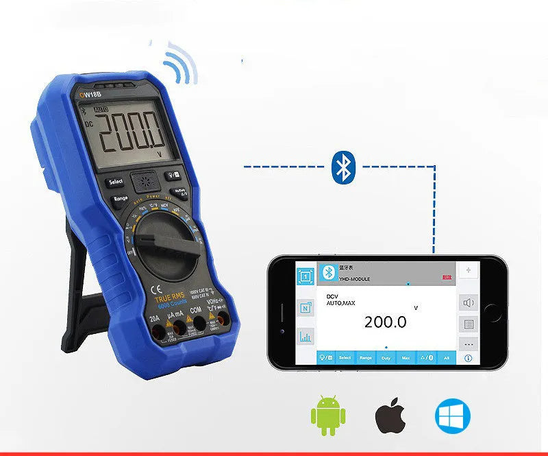 Handheld digital multimeter with display showing readings, test leads, and NCV non-contact voltage detection feature.