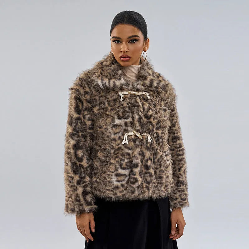 Leopard print women's coat with buckle lapel detail and regular sleeves
