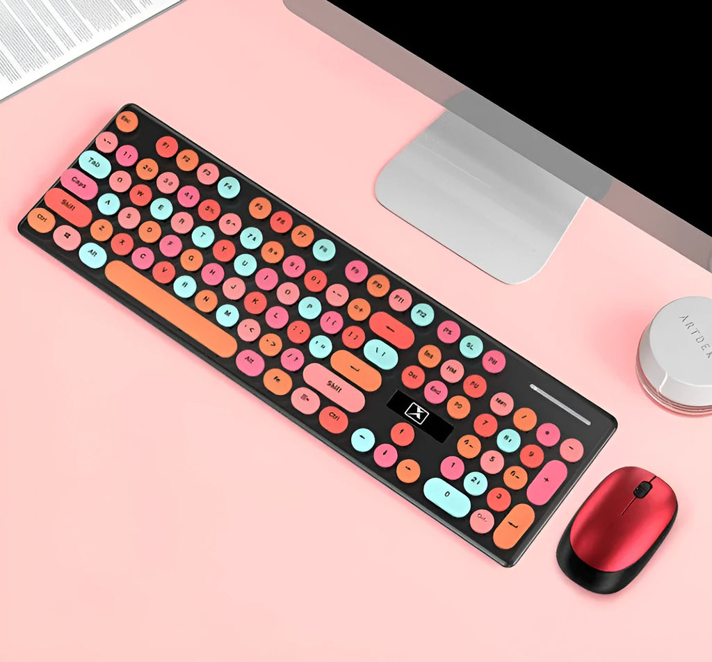 Wireless punk keyboard and mouse set in vibrant yellow mixed color with USB receiver
