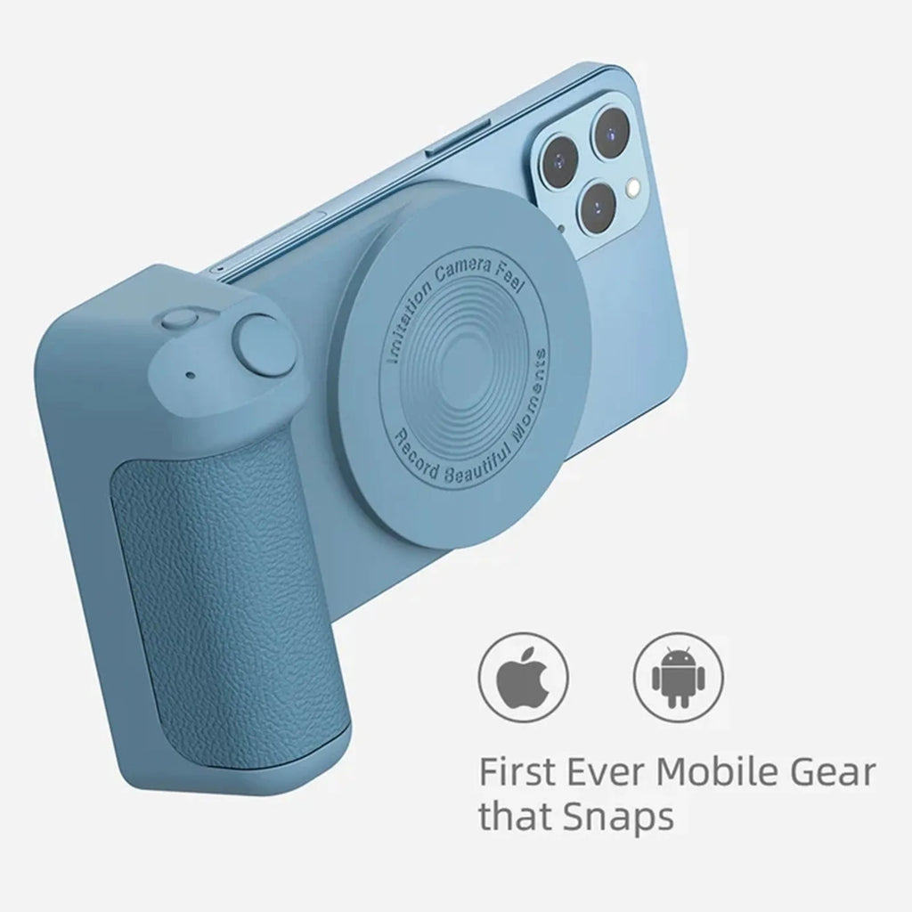 Black multifunctional magnetic phone camera holder with ergonomic PU leather grip on a table.