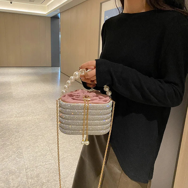 Women's retro pearl beaded crossbody bag in soft PU with round shape and single shoulder strap