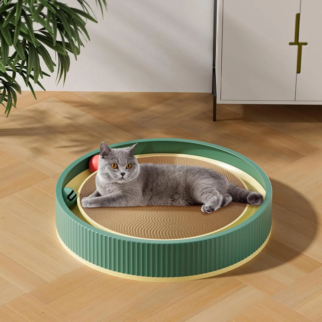 Large green cat scratching board with moving bell balls and replaceable cardboard core