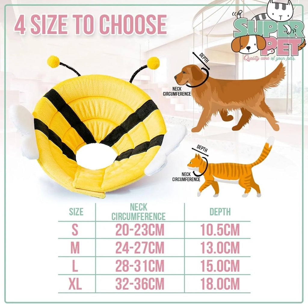 Soft adjustable cat cone collar with bee design and Velcro closure in four sizes