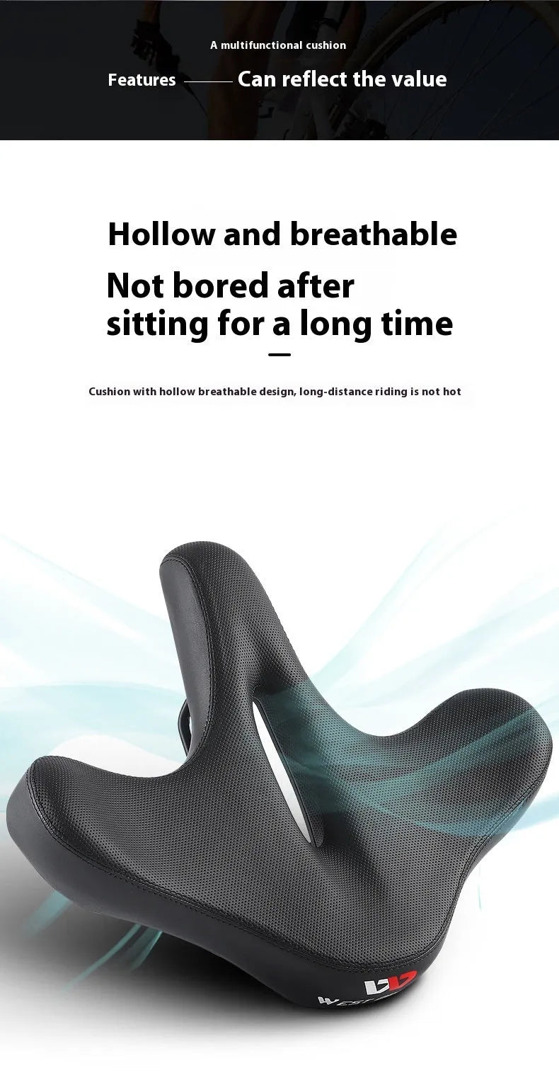 Black leather bicycle seat cushion with thick polyurethane foam padding for shock absorption.