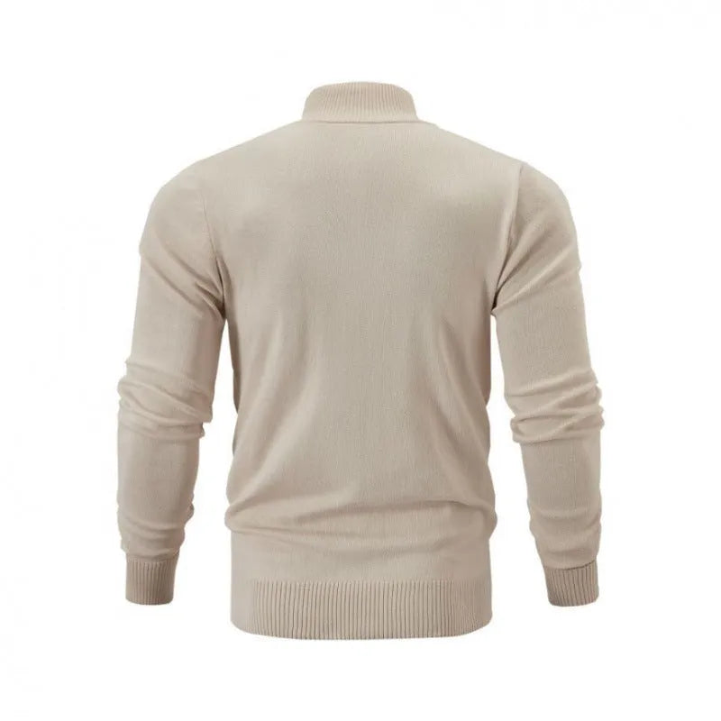 Loose-fit casual cotton zip cardigan sweater with a stand collar in apricot colour.