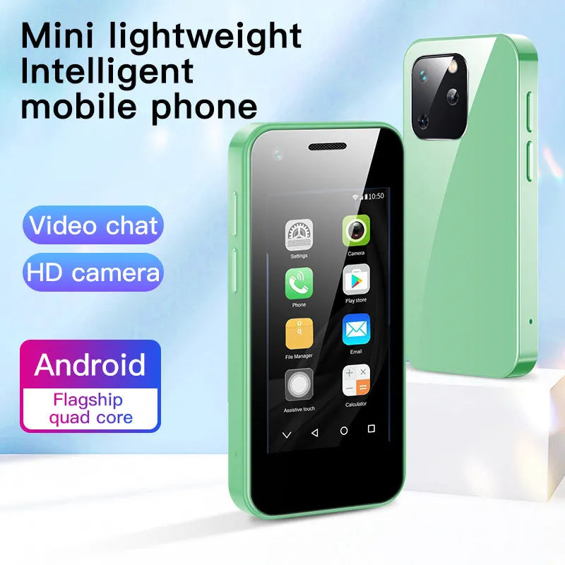 Compact Android smartphone with 2.5 inch screen showing home screen interface