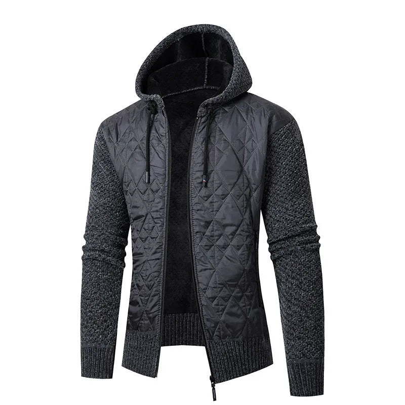A grey men's hooded corduroy sweater coat with a cinched waist, shown on a hanger.