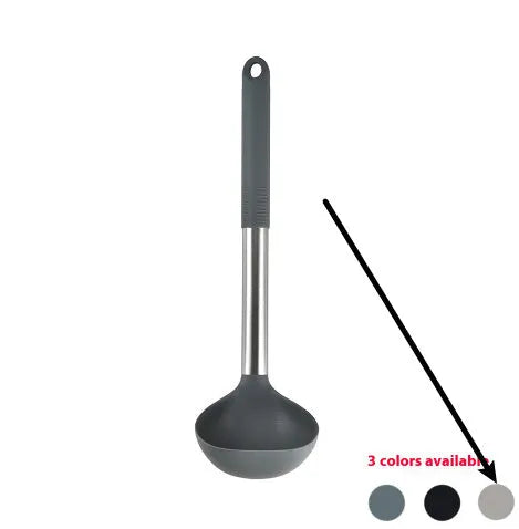 12-piece silicone kitchen utensil set with storage bucket in black, including ladle, spatula, claw tools and egg beater