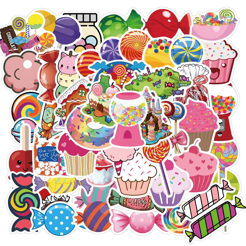Pack of 50 colourful candy graffiti cartoon stickers measuring 4-6cm.