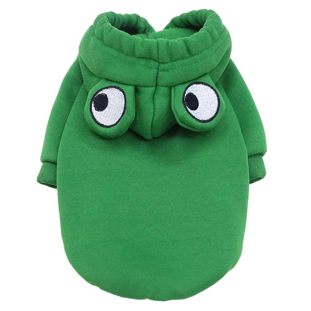 Green frog costume pet hoodie for small dog or cat with hood and detailed size measurements