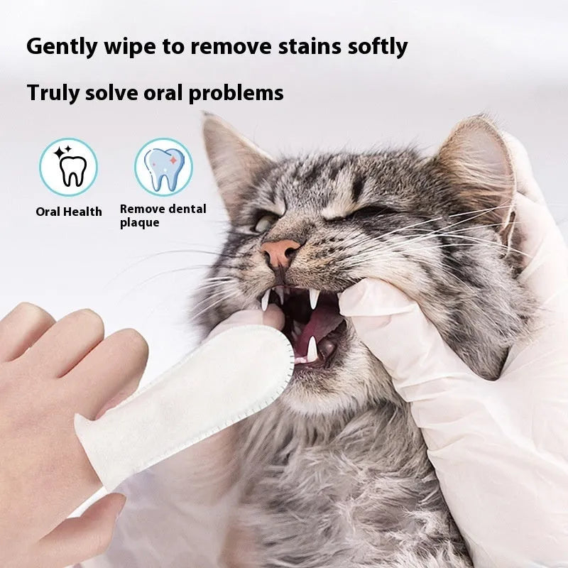 Pack of 50 white non-woven fabric pet teeth cleaning finger stalls for cats and dogs.