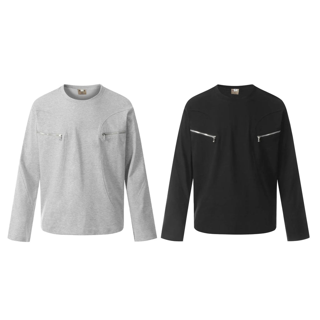 Men's black loose fit cotton long sleeve pullover on a hanger, casual retro style