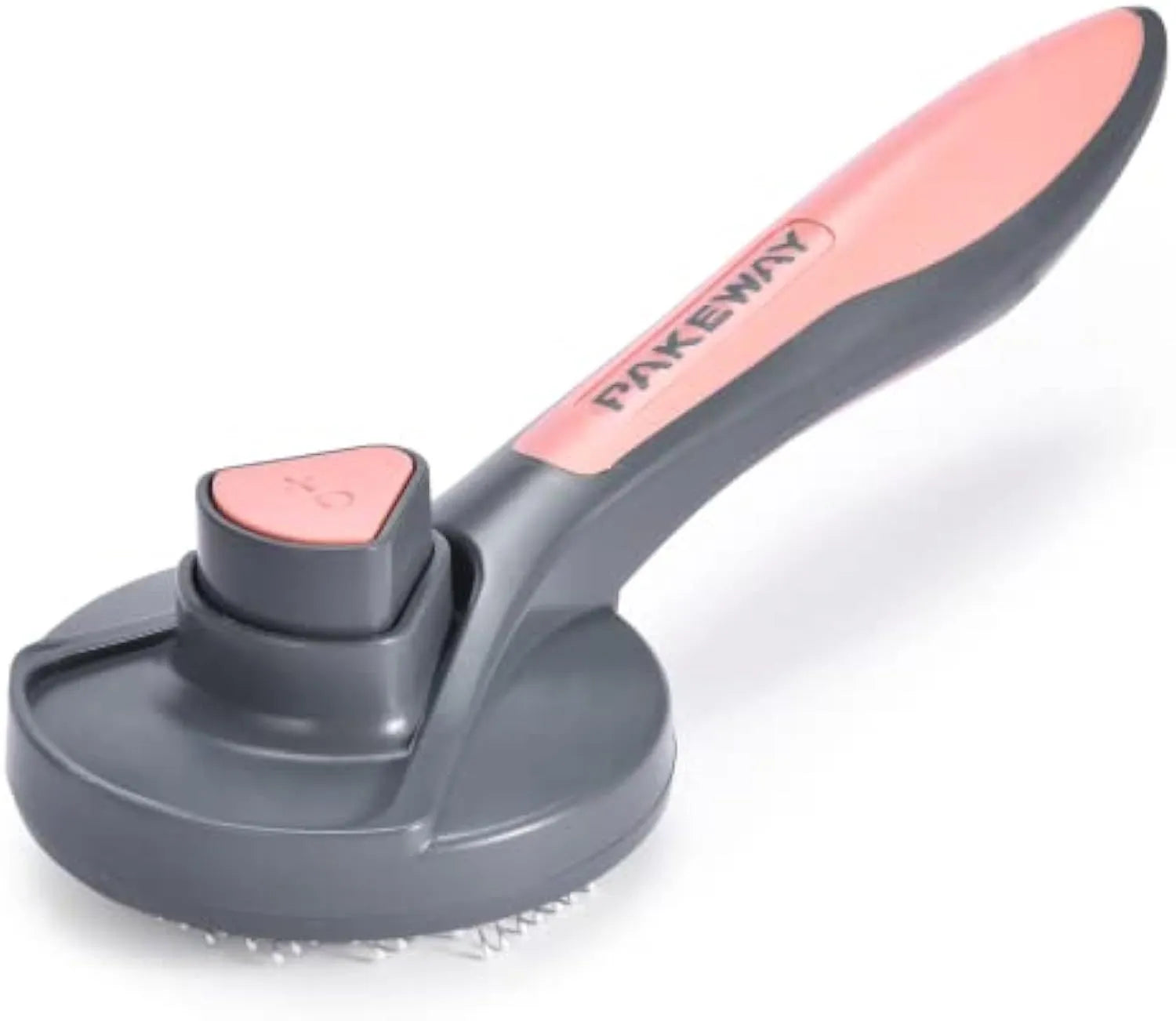 A grey self-cleaning slicker brush for grooming dogs, cats, and rabbits on a plain background.