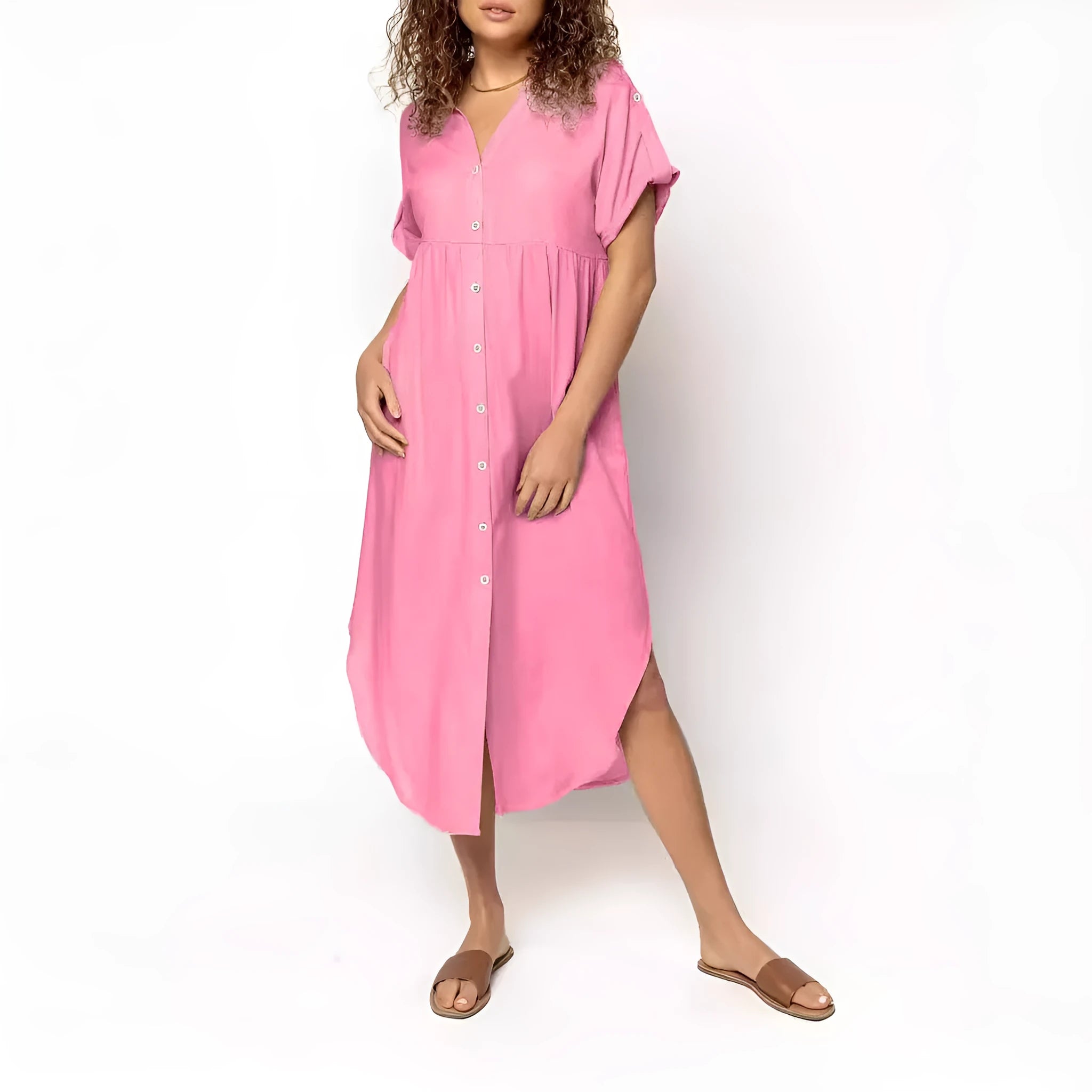 Casual button-front mid-length dress in solid colour with loose fit and regular sleeves