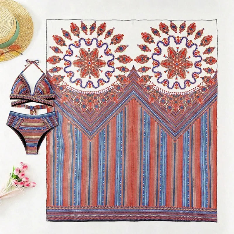 Women's three-piece swimsuit set showing high-waist briefs, cutout sleeveless top and matching coat in picture colour