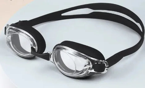 Prescription swimming goggles with corrective lenses in a protective case, shown in black colour.