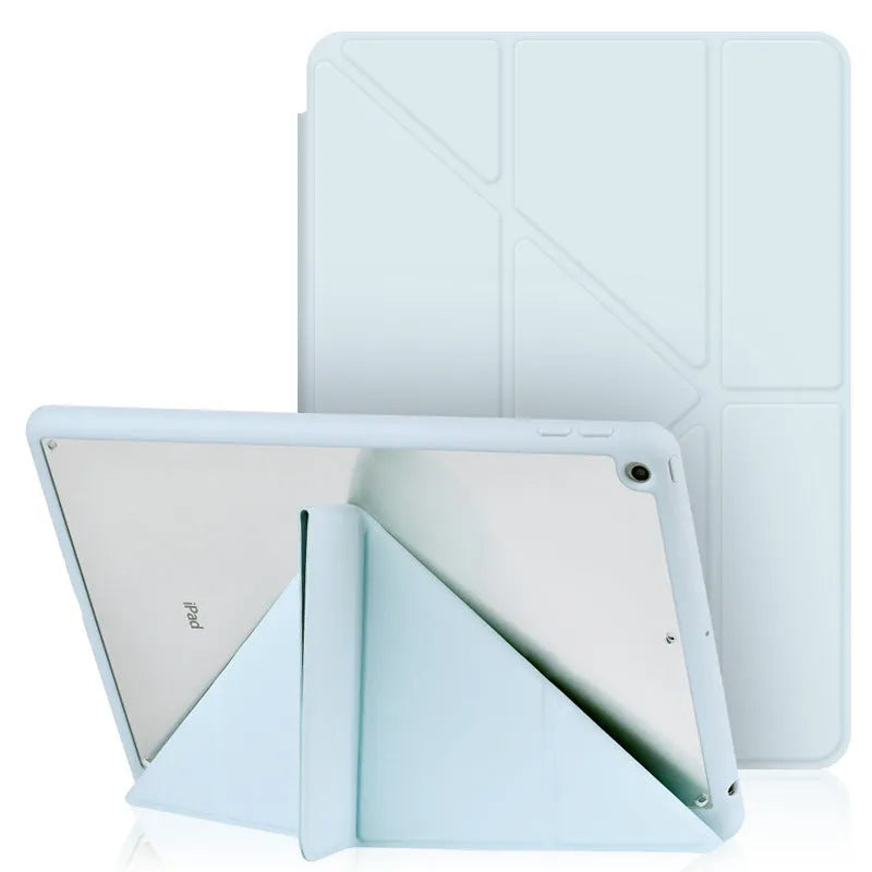 Apple iPad leather case with Y-folding acrylic cover, built-in pen slot, and bracket stand in dark grey colour