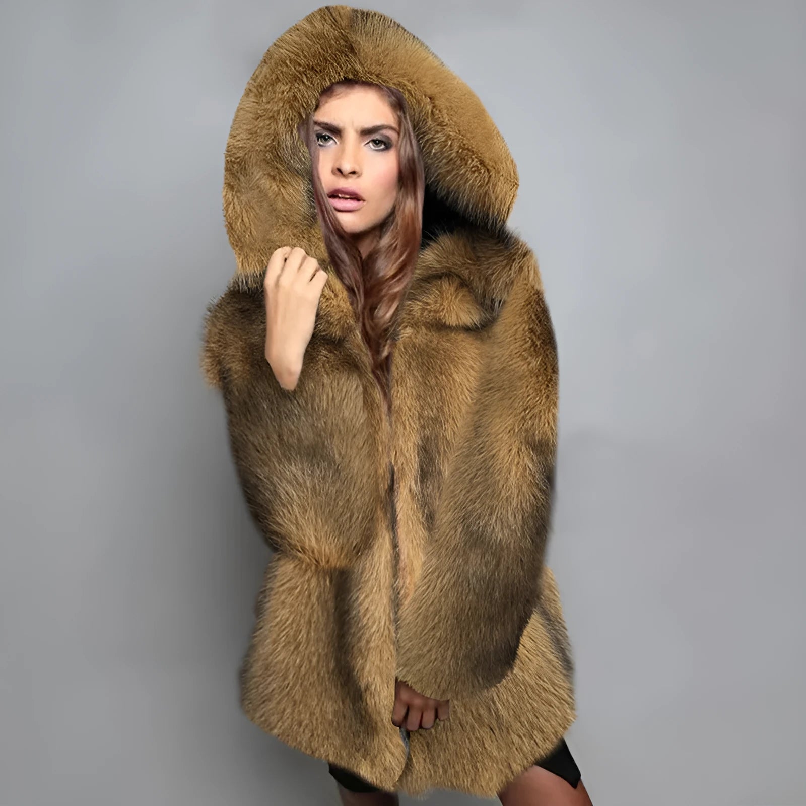 Women's silver grey artificial fur coat with loose fit and mid-length 65cm cut
