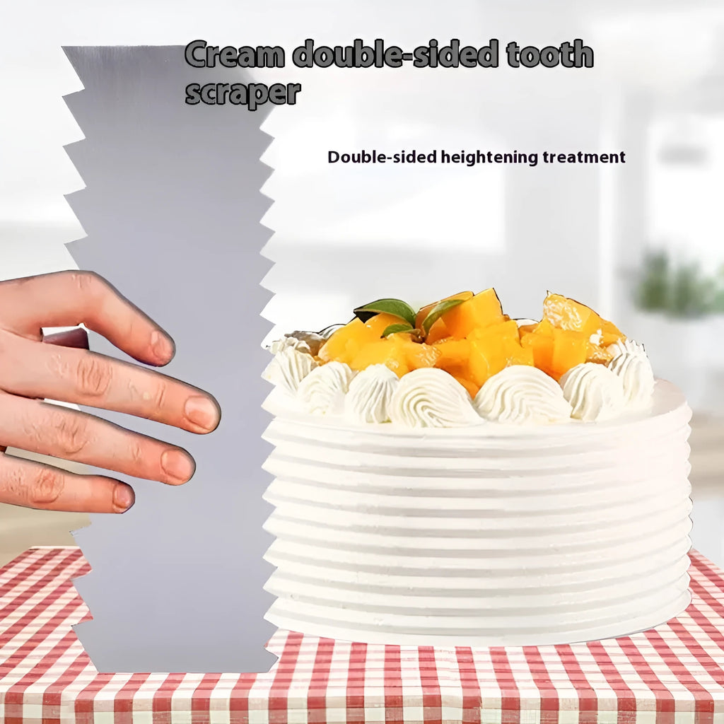 Stainless steel cake decorating scraper with a polygon-patterned edge for smoothing buttercream