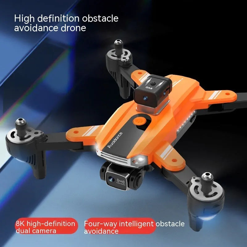 Orange quadcopter drone with dual cameras and obstacle avoidance sensors, compact size under 30cm