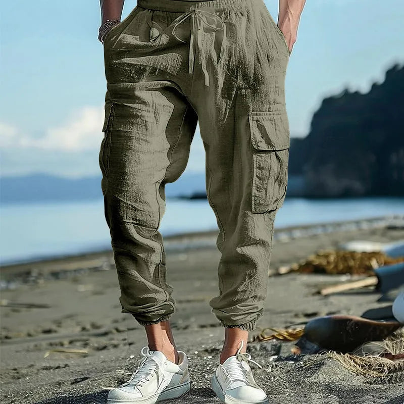 Men's linen casual trousers with ankle ties and drawstring waist in solid colour