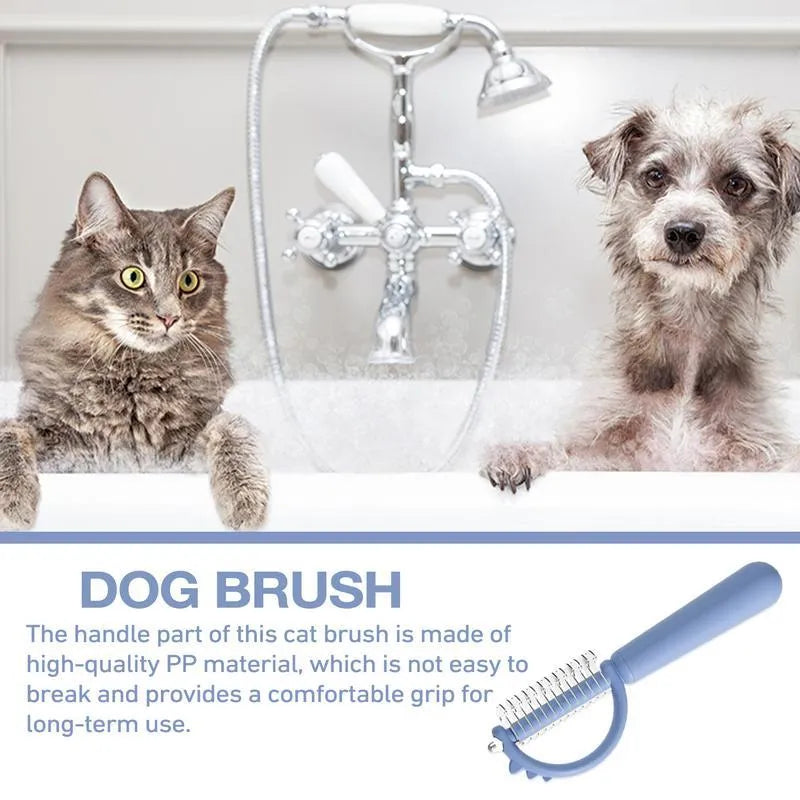 Dinosaur shaped cat brush with stainless steel bristles and self cleaning feature
