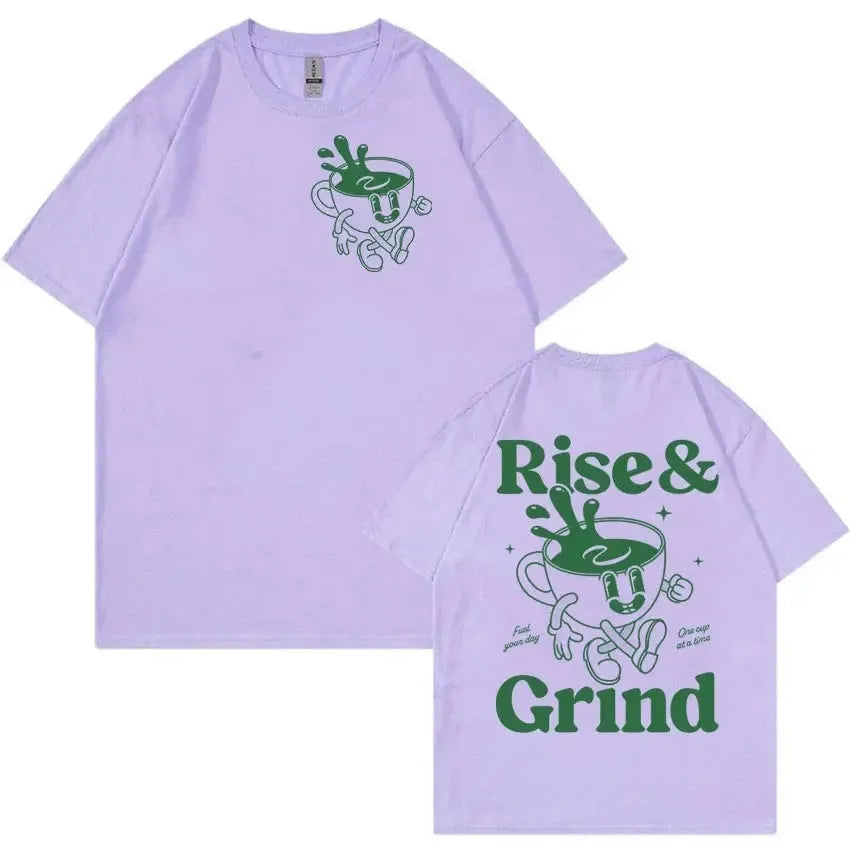 Loose fit linen t-shirt featuring a Rise And Grind Green Coffee Fun Expression Bag Cartoon print.