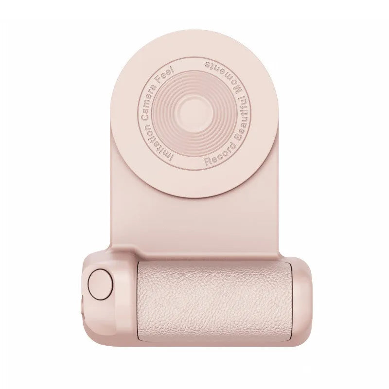 Black multifunctional magnetic phone camera holder with ergonomic PU leather grip on a table.
