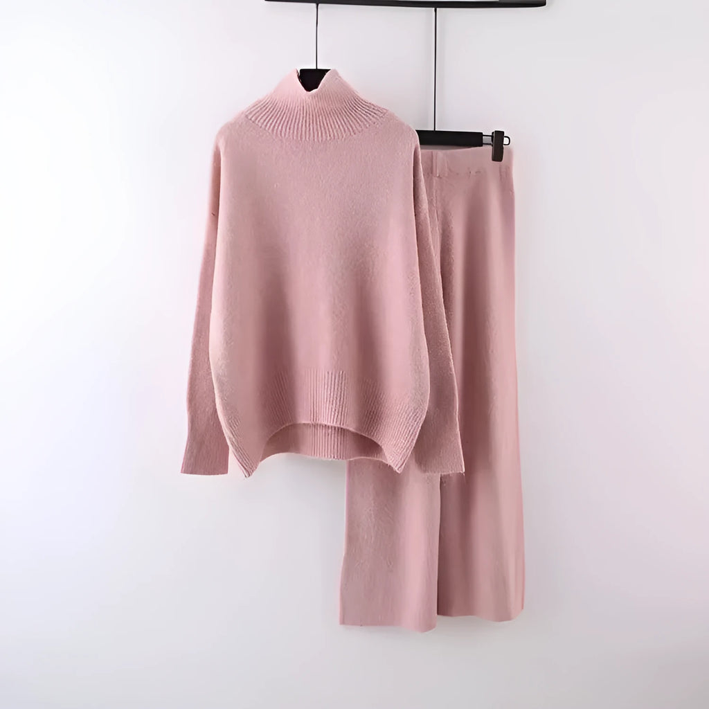 Women's milky white acrylic fibre sweater and wide-leg trousers two-piece casual set.