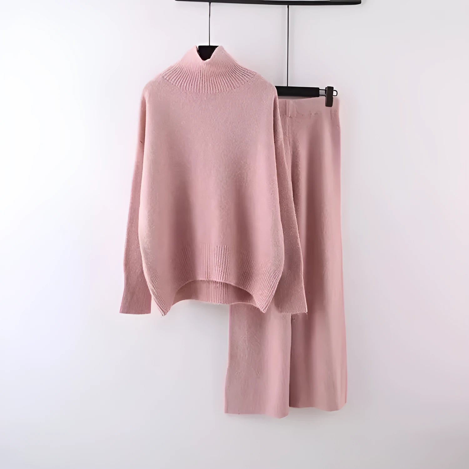 Women's milky white acrylic fibre sweater and wide-leg trousers two-piece casual set.
