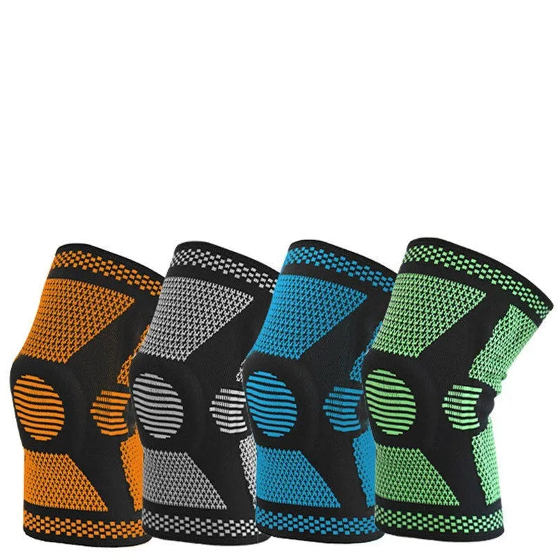 Sports fitness silicone spring knee pad in blue, shown on a leg.