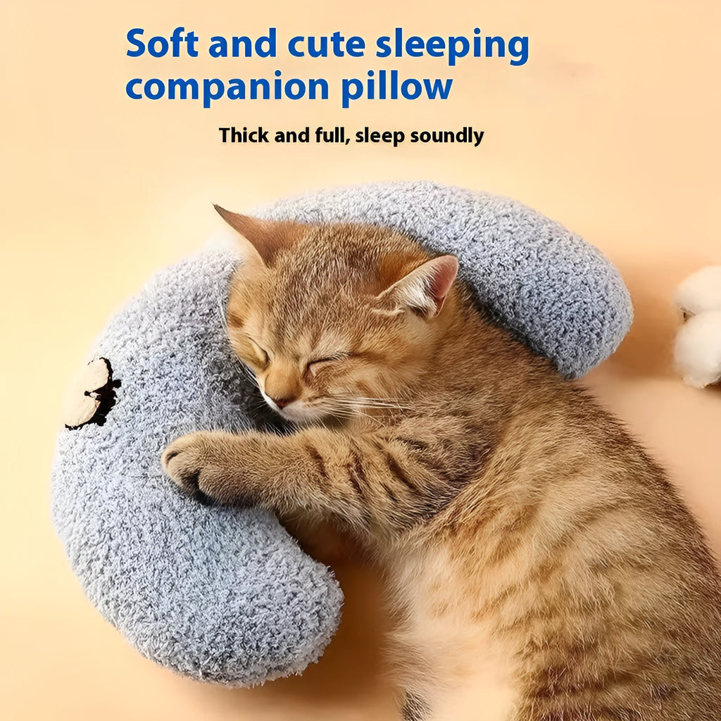 Cat sleeping mat with U-shaped neck pillow in blue colour with question mark design