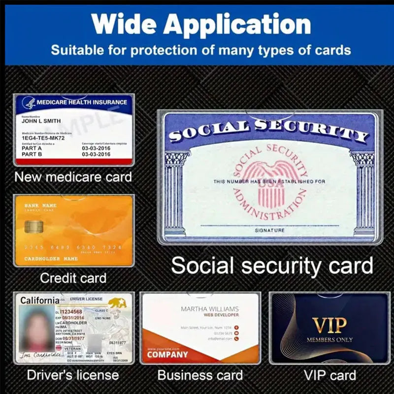 Transparent PVC card holder protecting a social security card, shown alongside a student ID.