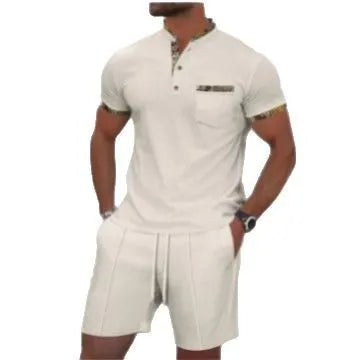 Man wearing grey waffle texture short sleeve polo with zip front and matching shorts