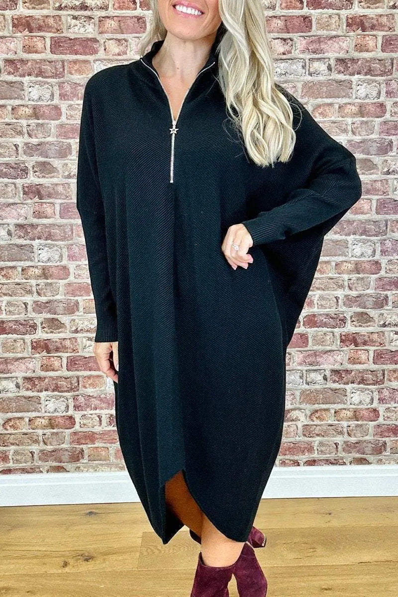 Women's solid colour knitted loose dress with zipper detail and raglan sleeves