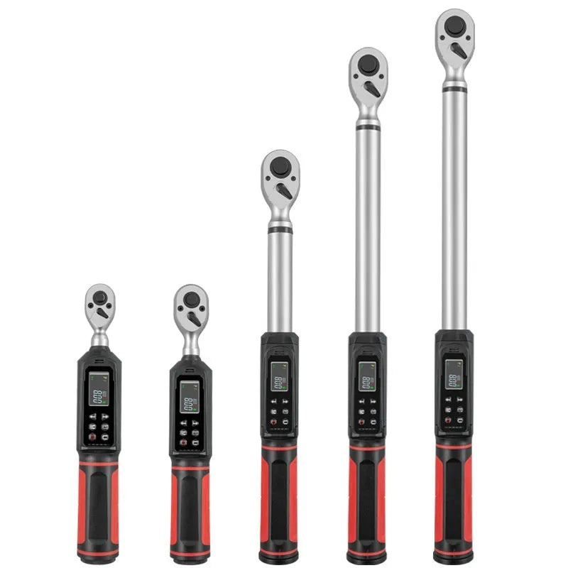 Electronic digital torque wrench with display showing torque measurement and chrome-vanadium steel construction
