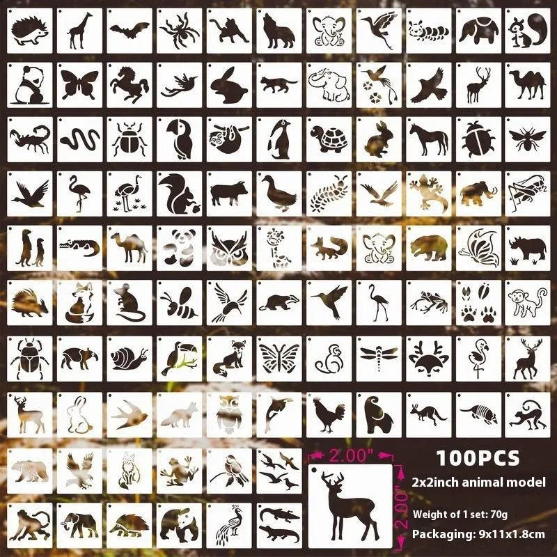 700-piece collection of 2-inch PET film spray painting stencils showing flower, animal, ocean, Hawaiian, and letter designs
