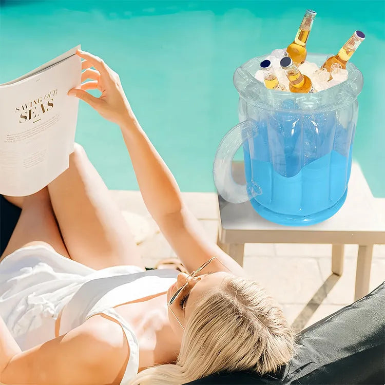 Yellow inflatable PVC ice bucket for drinks, shown deflated and inflated.