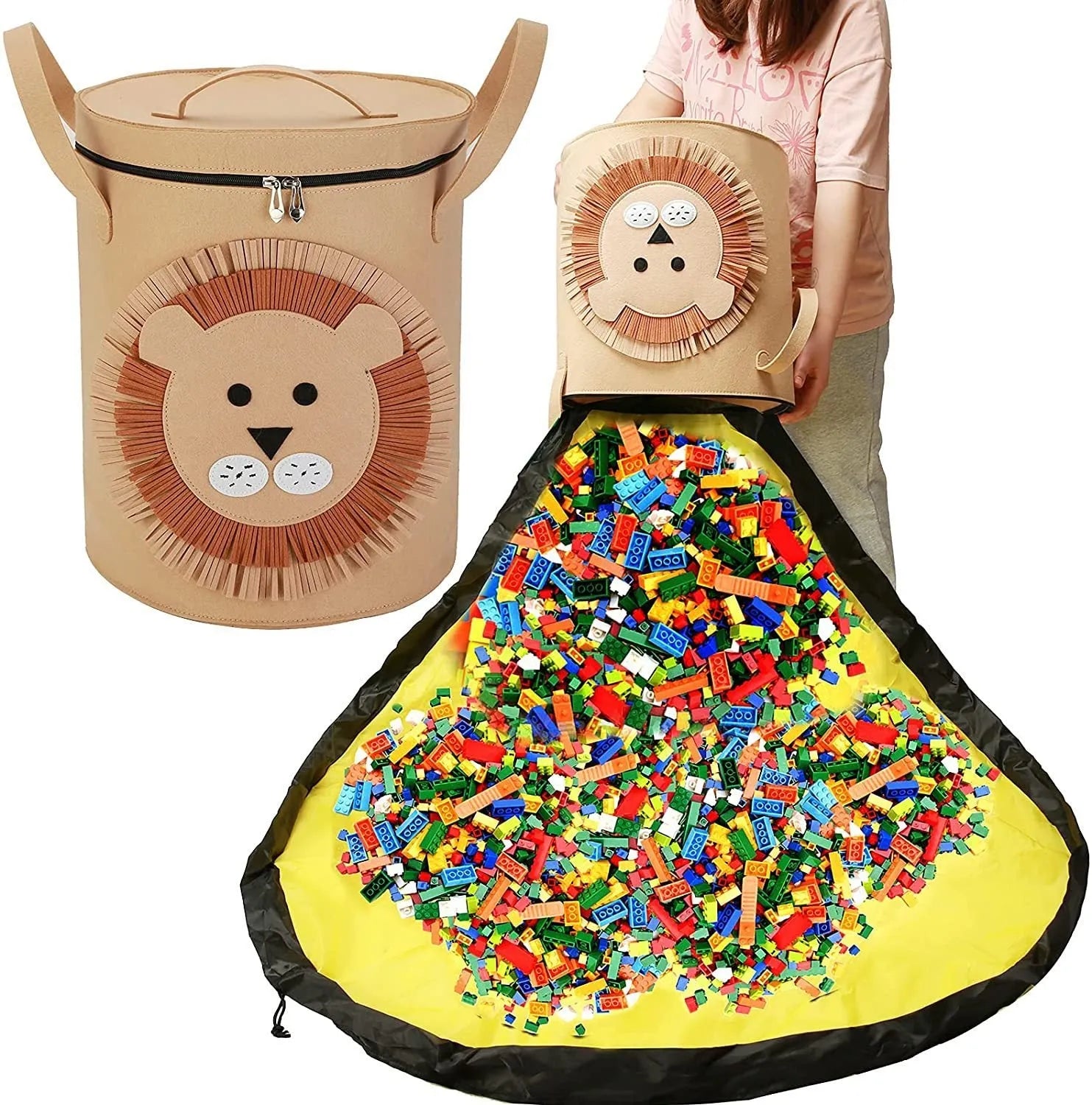 Green felt cube storage bag transformed into flat play mat with pull rope