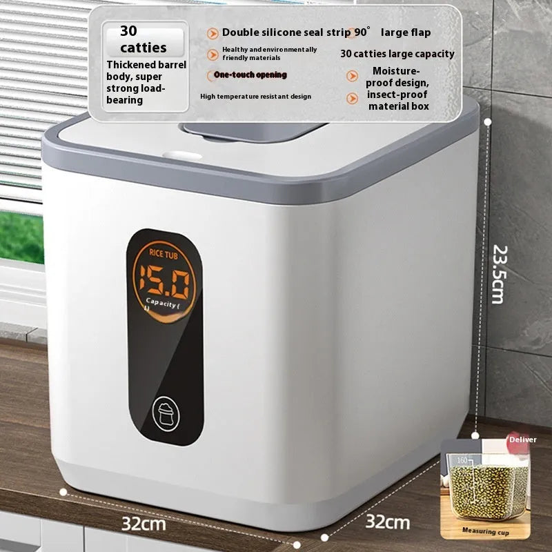 Grey plastic insect-proof rice storage jar with lid and measuring cup in 10kg, 20kg, or 30kg size.