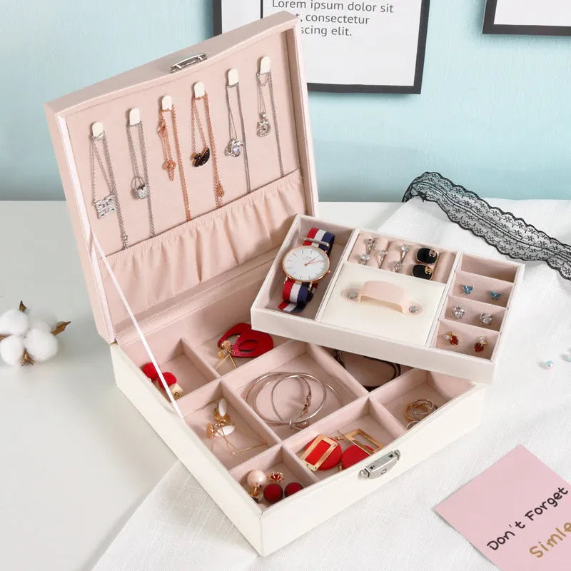 Red and white PU jewellery storage boxes for organising necklaces and rings