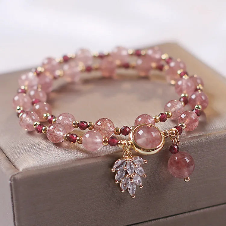 Women's double layer crystal bracelet with red cat's eye flowers and lucky cat charm in fairy style design