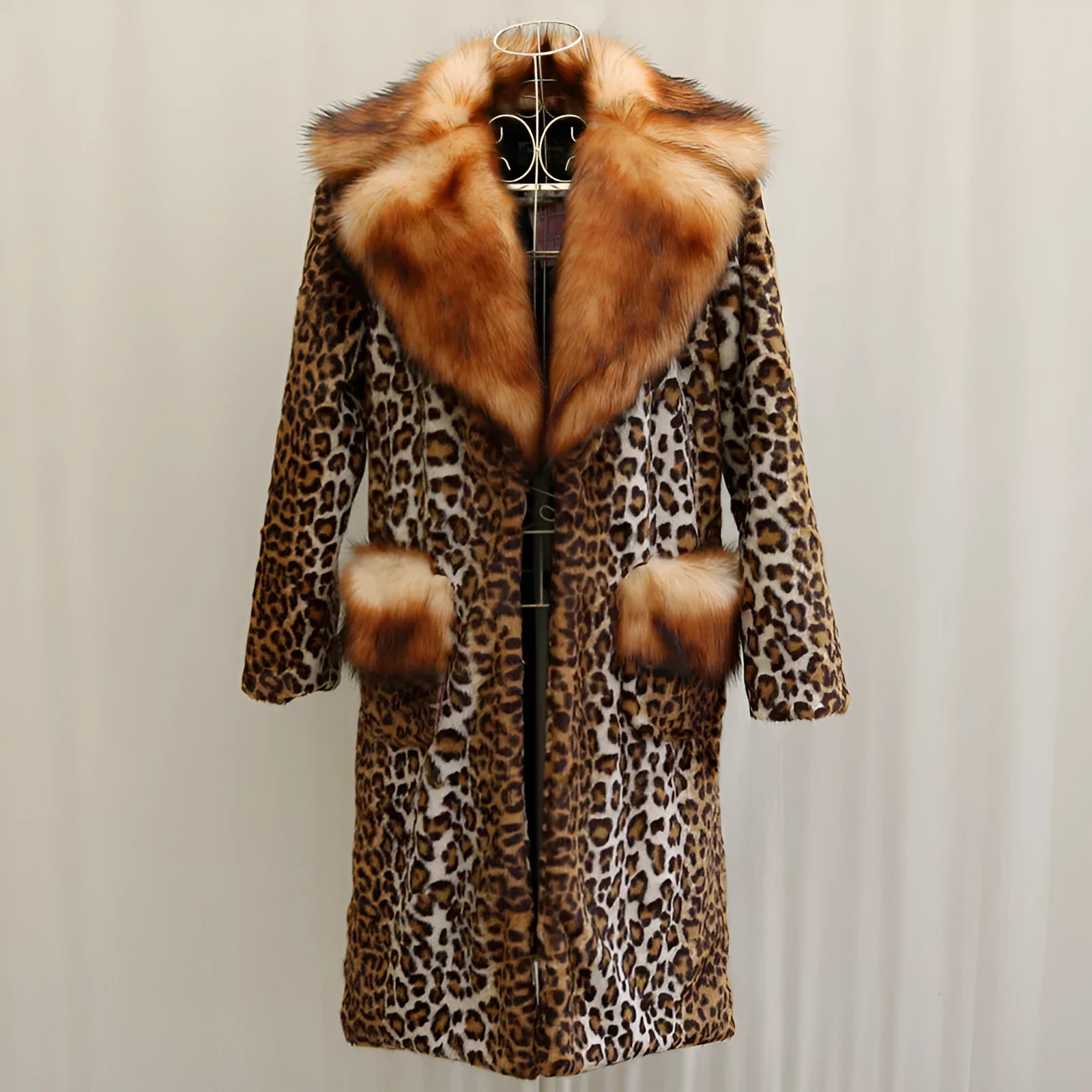 Long leopard print artificial fur jacket for women, shown as a full-length coat.