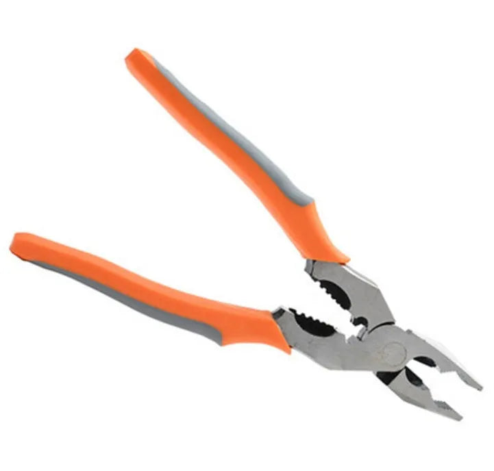 Orange multi-function wire cutter pliers with textured PVC handles and chrome steel jaws.