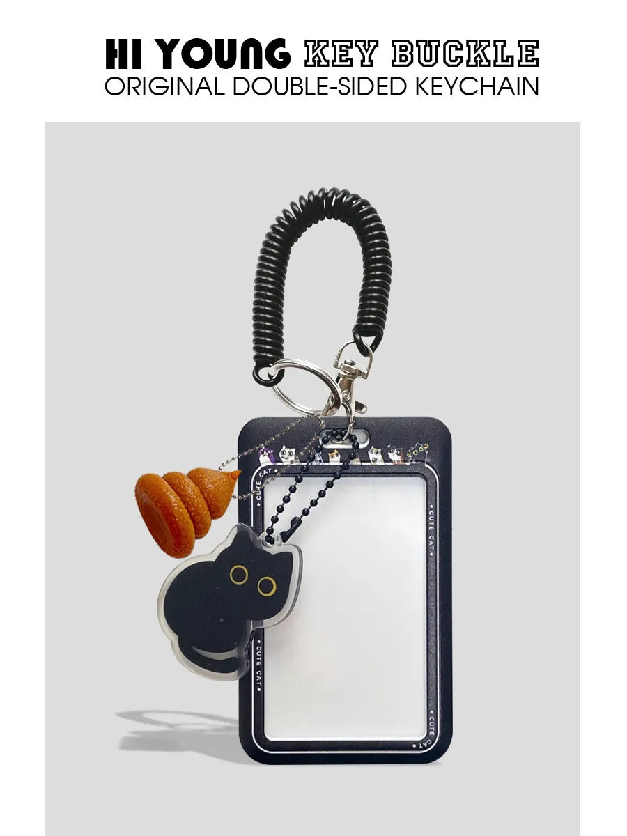 Plastic card sleeve holder with cute black cat cartoon design and ferrule pendant