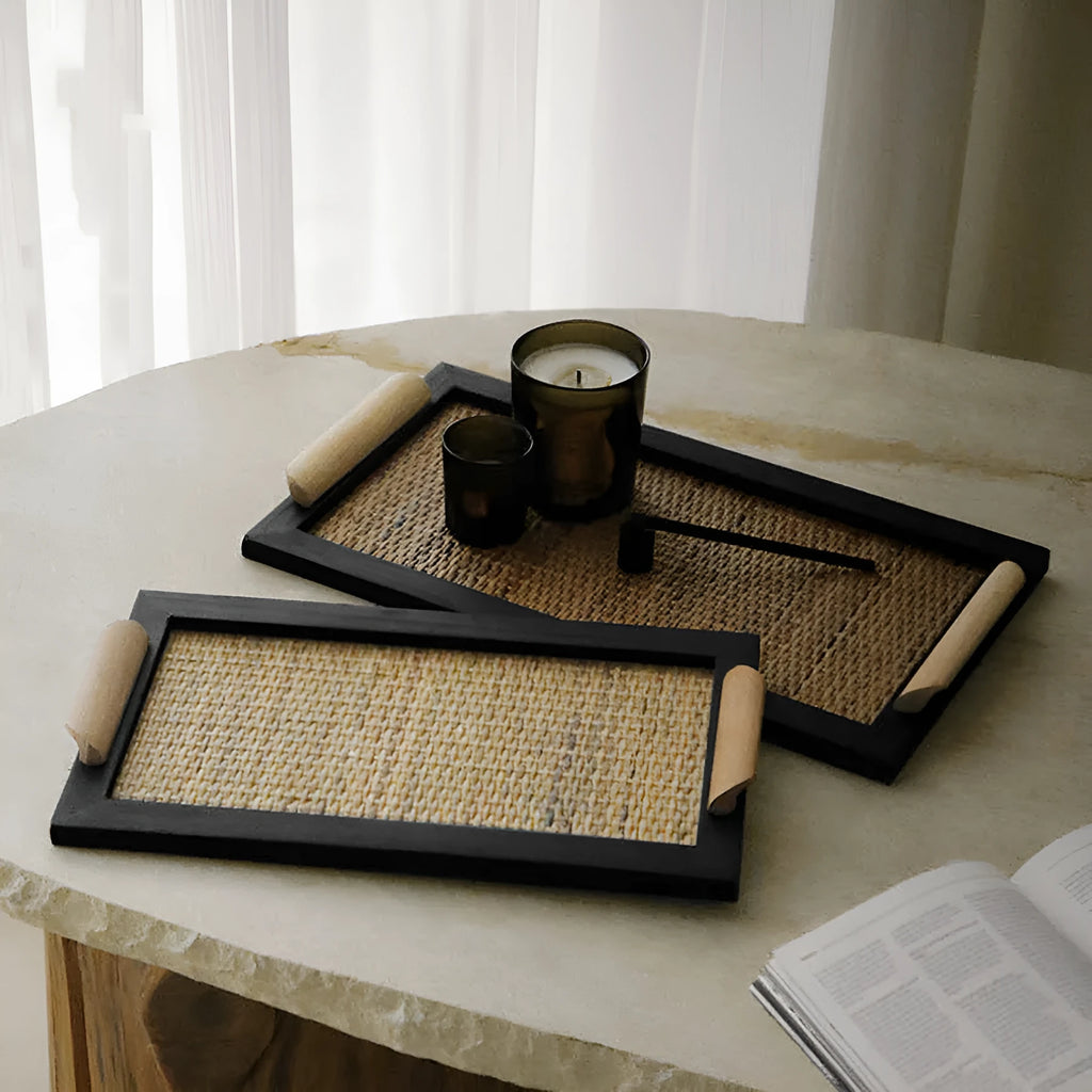 Pine wood dining tray with built-in compartments, shown in small and large size options.
