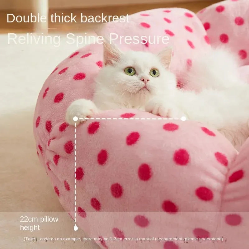 Pink dot pattern fabric cat bed for pets, shown in 45cm and 65cm diameter sizes