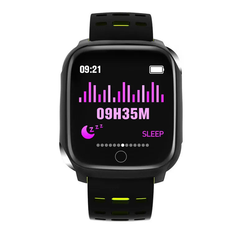 F16 Smart Watch with ECG blood pressure monitor and heart rate tracker showing black silicone strap and 43mm IPS display