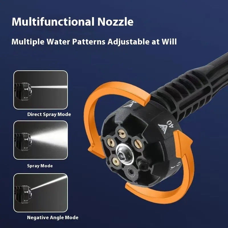 Green wireless high-pressure water gun with multiple attachments including extension rods and six-nozzle head