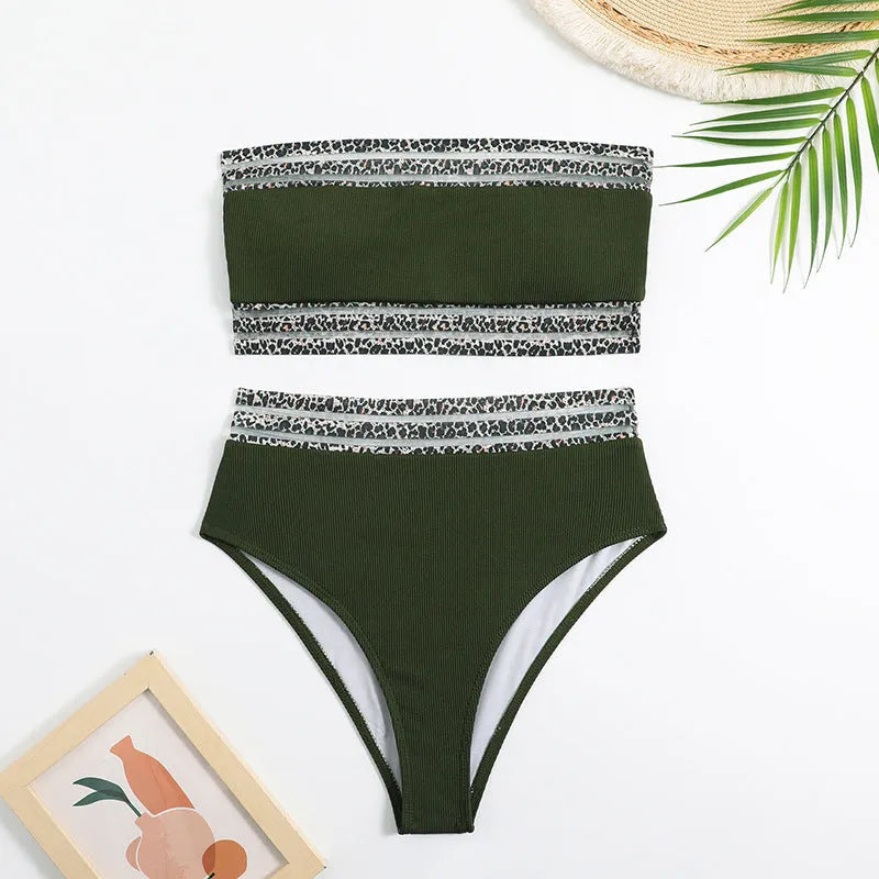 Black strapless bikini set with leopard print splicing and matching briefs